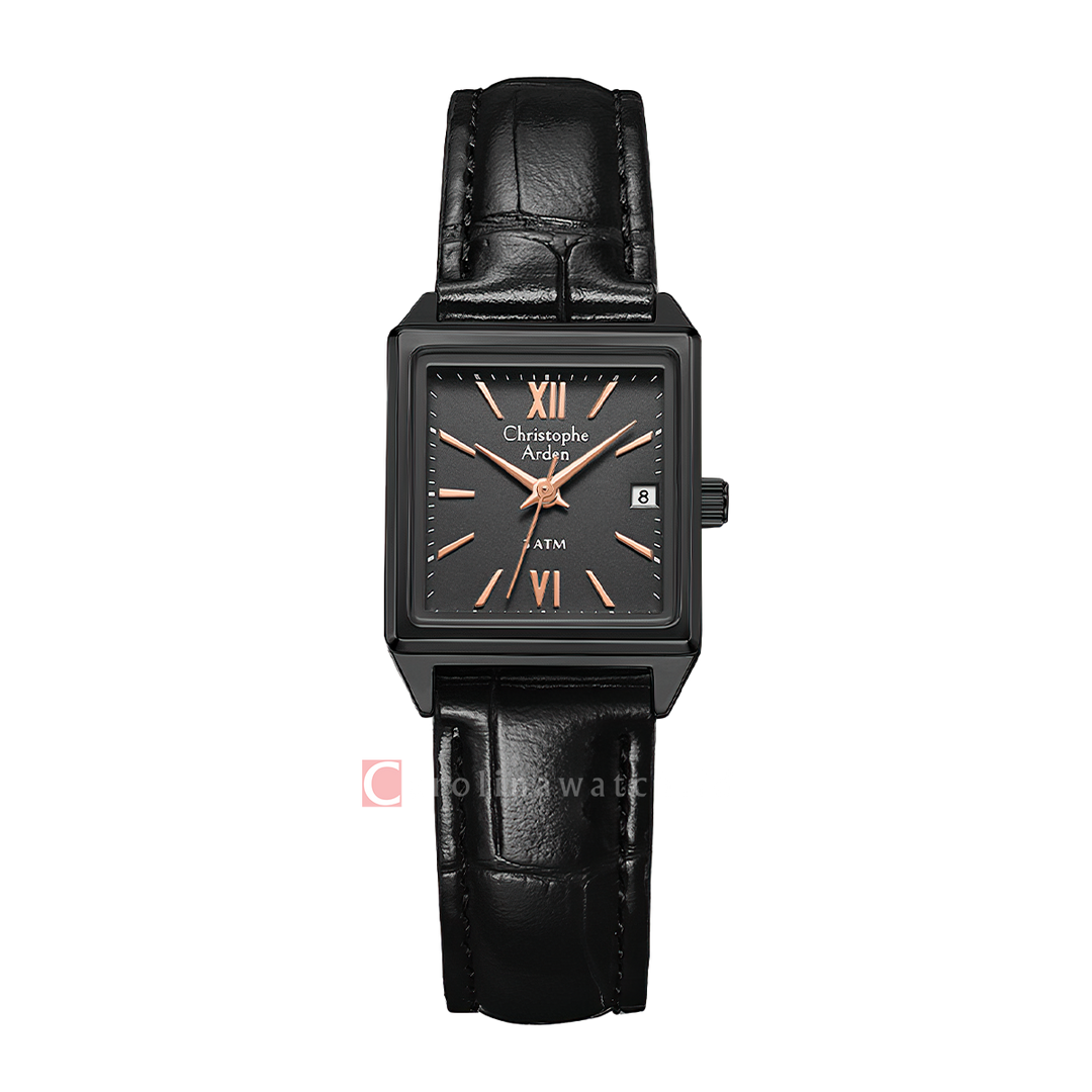 Jam Tangan Christophe Arden CA 2003 LDLIPBARG Tank Women Black Dial Black Leather Strap