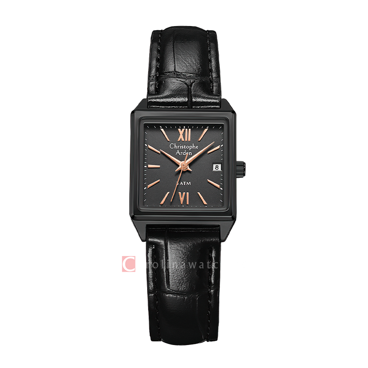Jam Tangan Christophe Arden CA 2003 LDLIPBARG Tank Women Black Dial Black Leather Strap