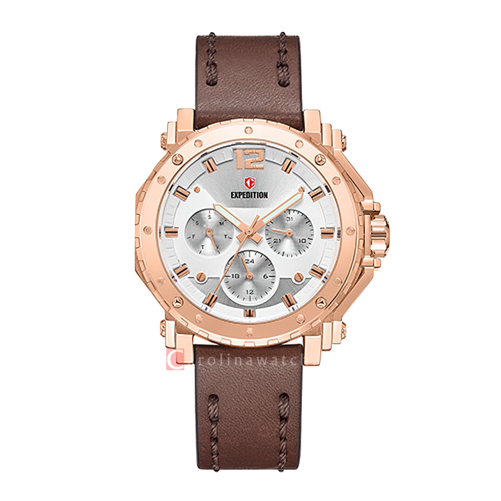 Jam Tangan S Expedition Chronograph E 6402 BFLRGSL Women Silver Dial Brown Leather Strap