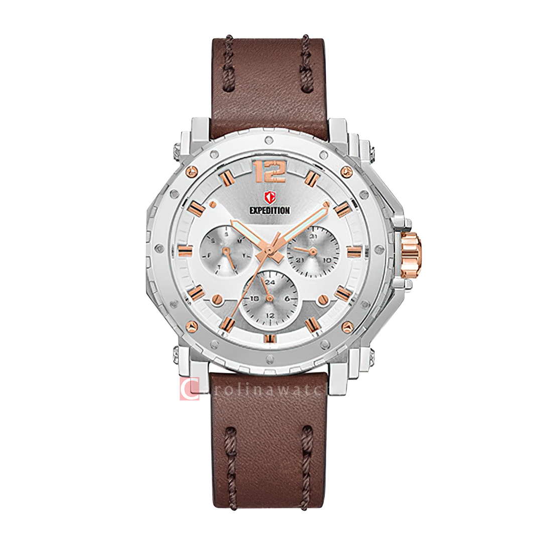 Jam Tangan S Expedition Chronograph E 6402 BFLSSRGSL Women Silver Dial Brown Leather Strap