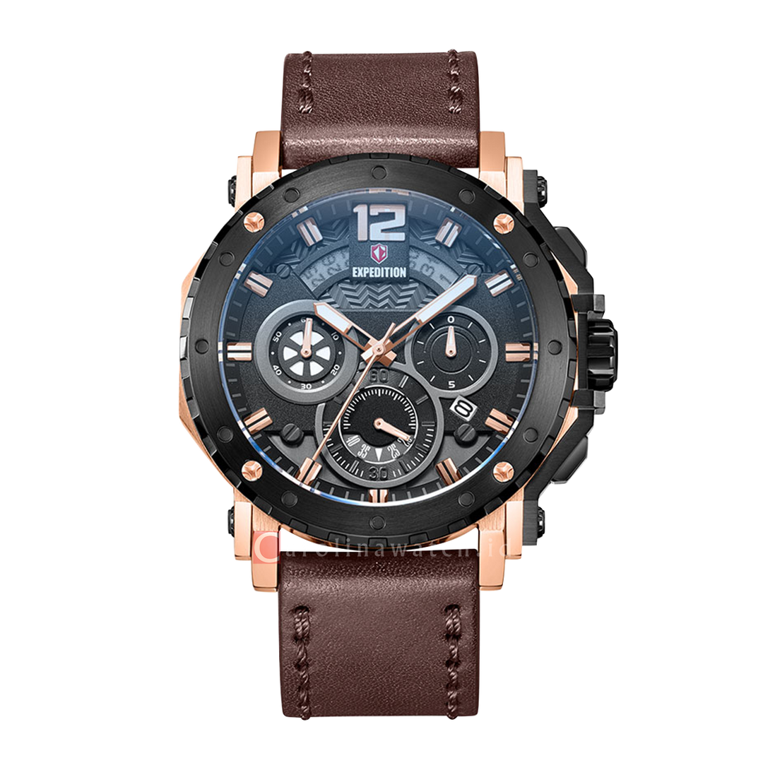 Jam Tangan S Expedition Chronograph E 6402 MCLBRBA Men Black Dial Brown Leather Strap