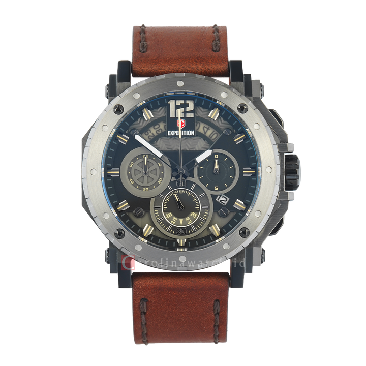 Jam Tangan S Expedition Chronograph E 6402 MCLEPBAIV Men Black Dial Brown Leather Strap
