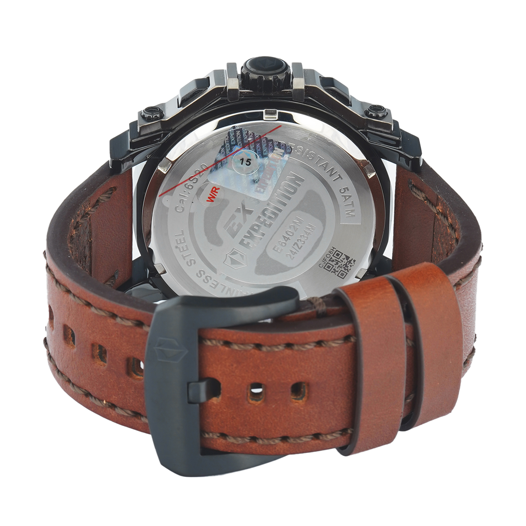 Jam Tangan S Expedition Chronograph E 6402 MCLEPBAIV Men Black Dial Brown Leather Strap