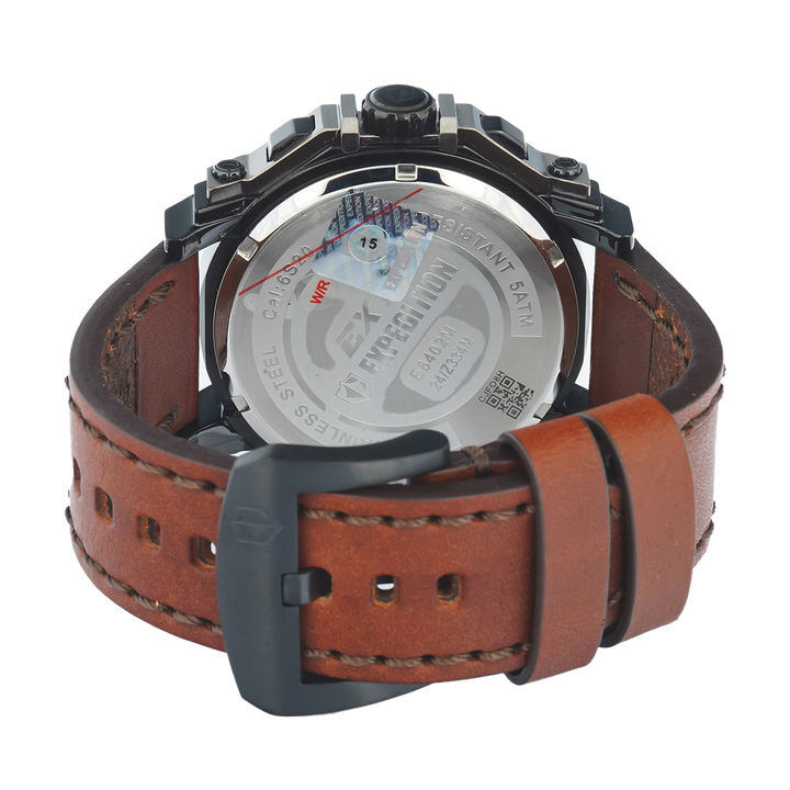 Jam Tangan S Expedition Chronograph E 6402 MCLEPBAIV Men Black Dial Brown Leather Strap