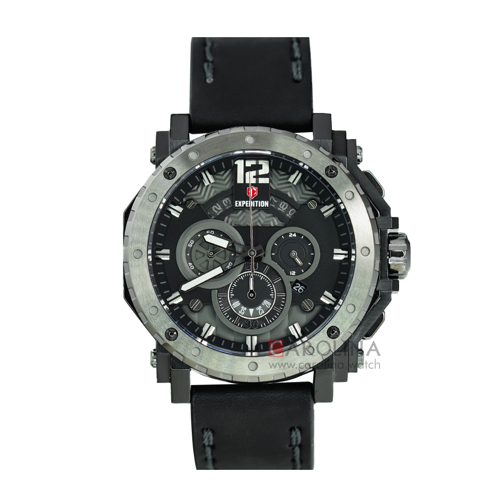 Jam Tangan S Expedition Chronograph E 6402 MCLEPBA Men Black Dial Black Leather Strap