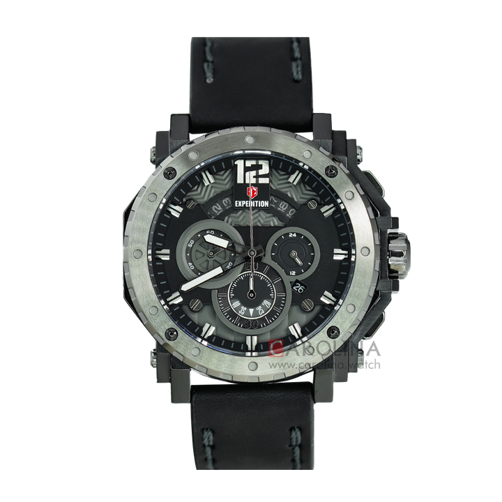 Jam Tangan S Expedition Chronograph E 6402 MCLEPBA Men Black Dial Black Leather Strap