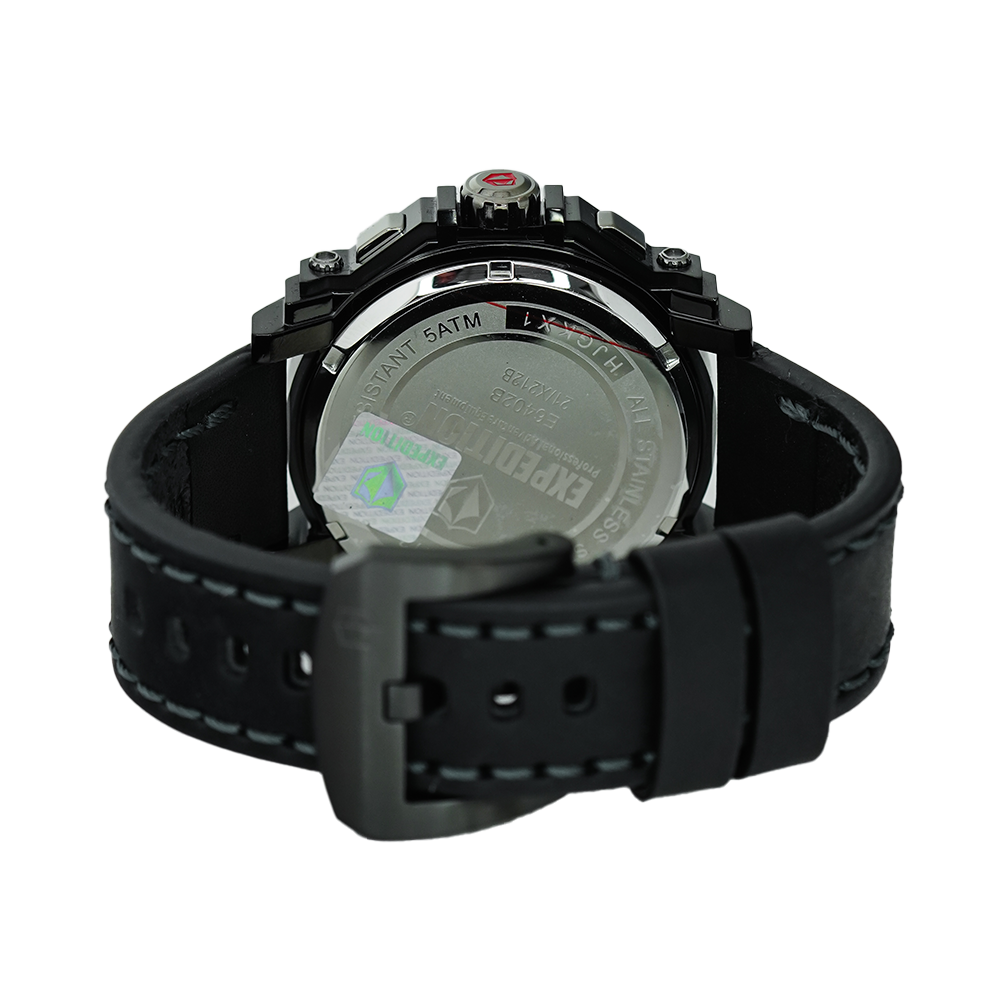 Jam Tangan S Expedition Chronograph E 6402 MCLEPBA Men Black Dial Black Leather Strap