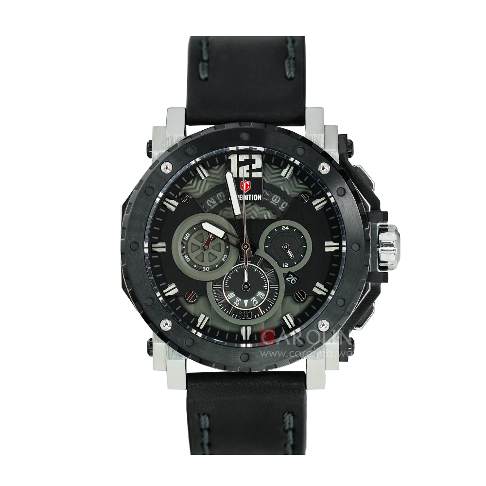 Jam Tangan S Expedition Chronograph E 6402 MCLTBBA Men Black Dial Black Leather Strap