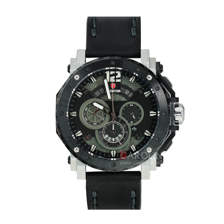 Jam Tangan S Expedition Chronograph E 6402 MCLTBBA Men Black Dial Black Leather Strap