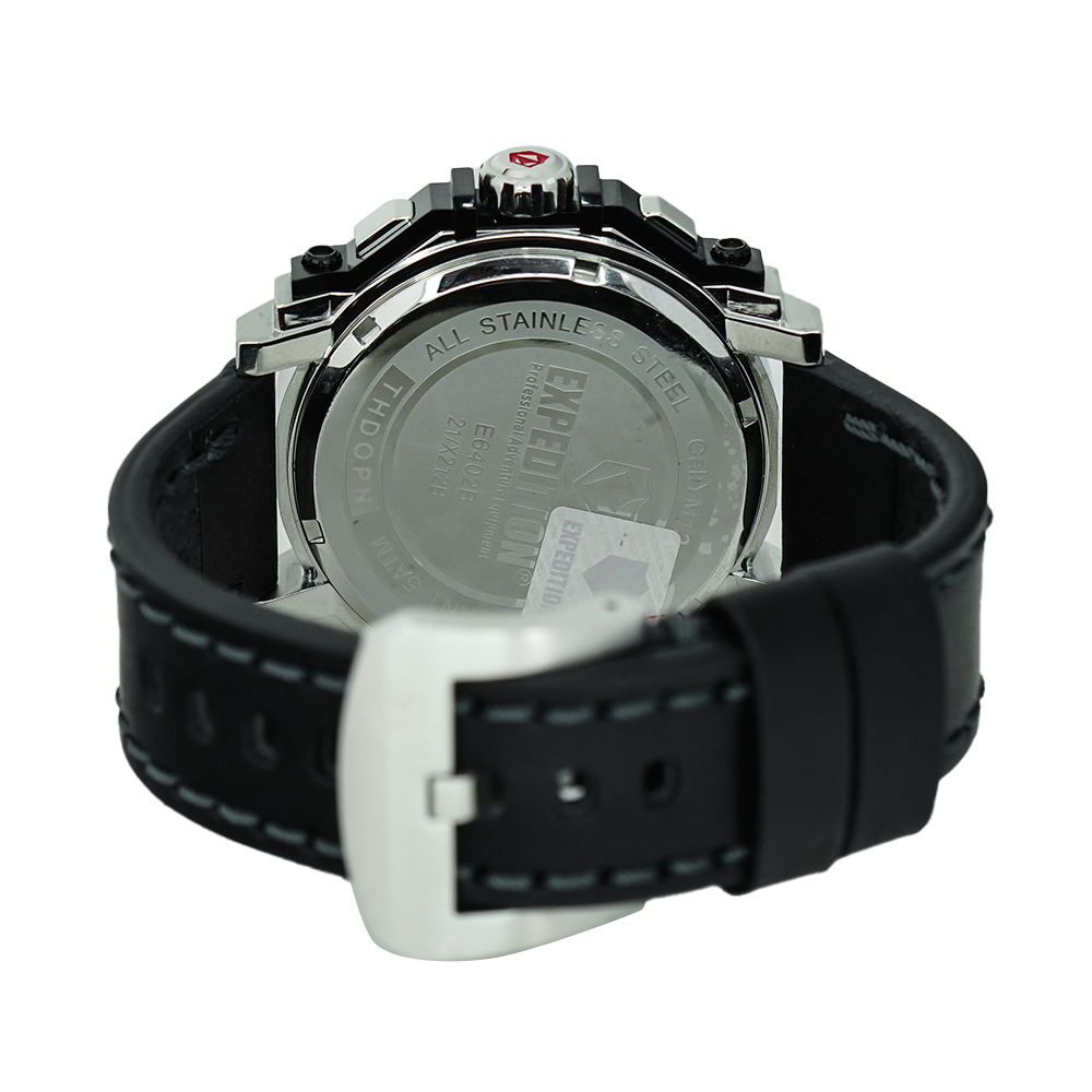 Jam Tangan S Expedition Chronograph E 6402 MCLTBBA Men Black Dial Black Leather Strap