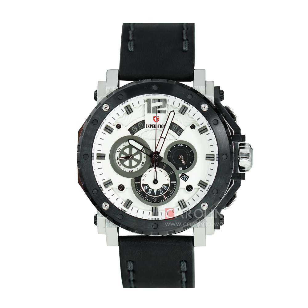 Jam Tangan EXPEDITION E 6402 MCLTBSL Men White Dial Black Leather Strap