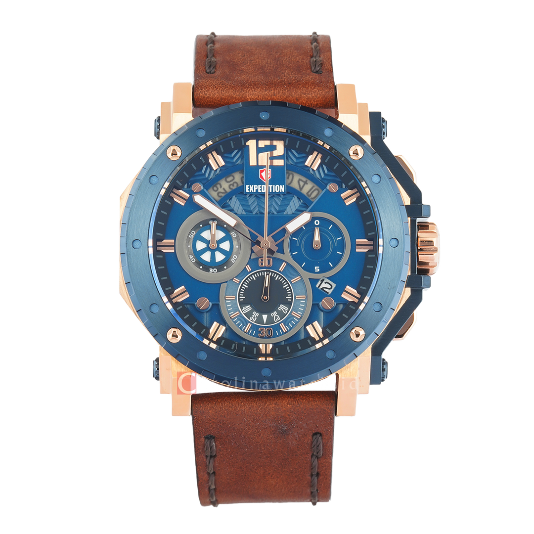 Jam Tangan S Expedition Chronograph E 6402 MCLURBU Men Blue Dial Brown Leather Strap