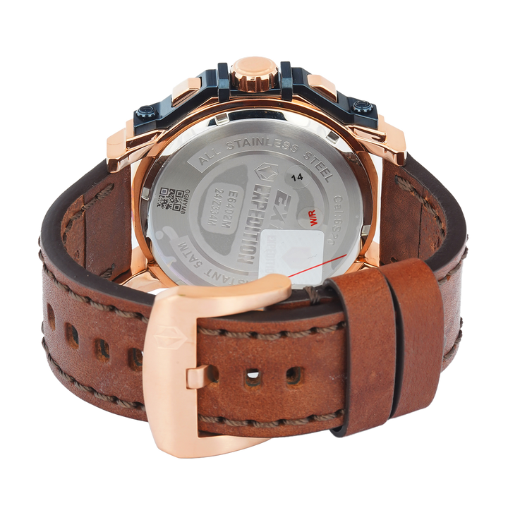 Jam Tangan S Expedition Chronograph E 6402 MCLURBU Men Blue Dial Brown Leather Strap