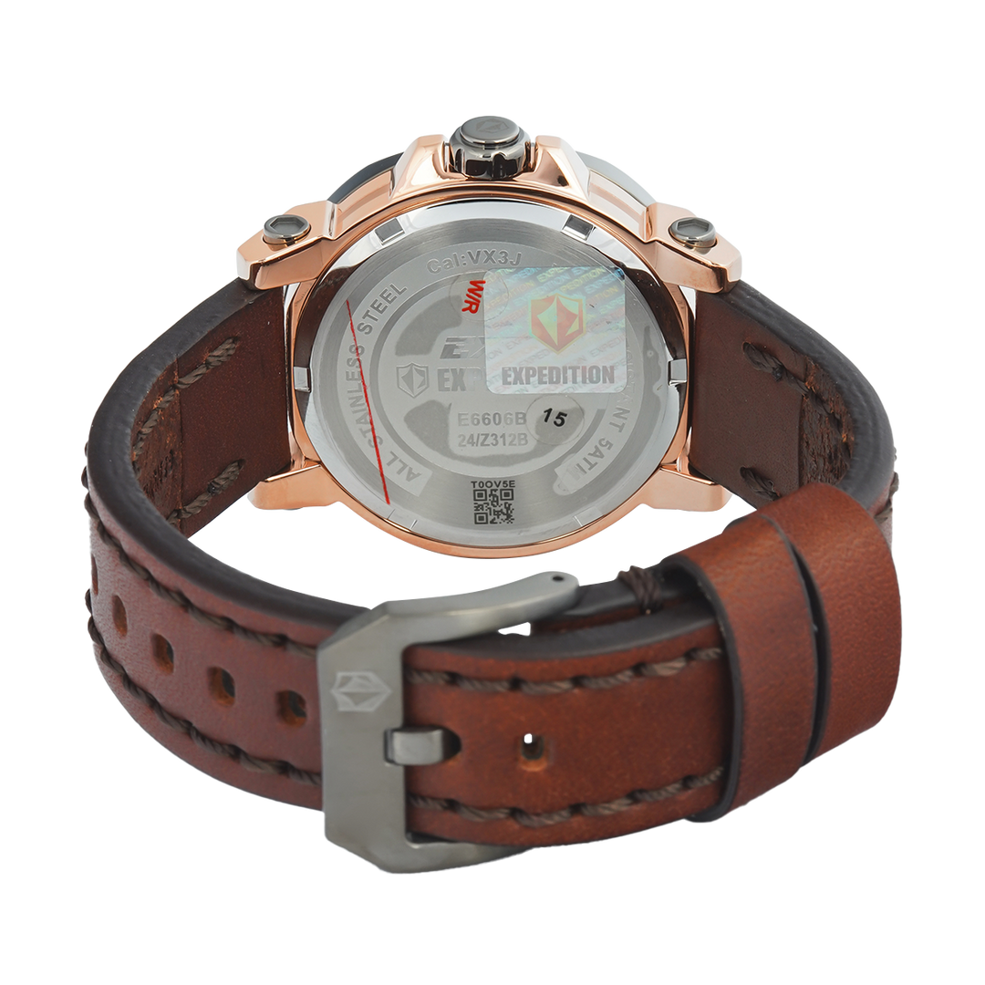 Jam Tangan S Expedition Chronograph E 6606 BFLGRBA Women Black Dial Brown Leather Strap