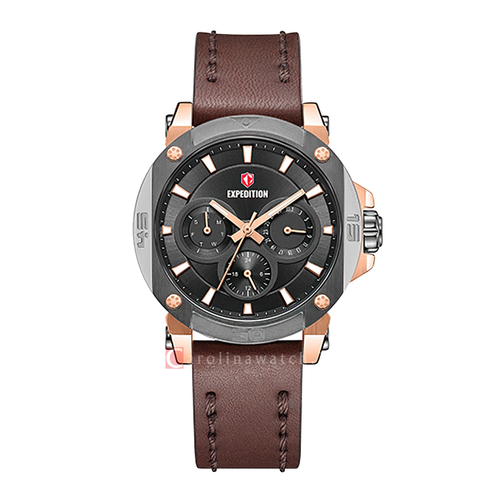 Jam Tangan S Expedition Chronograph E 6606 BFLGRBA Women Black Dial Brown Leather Strap
