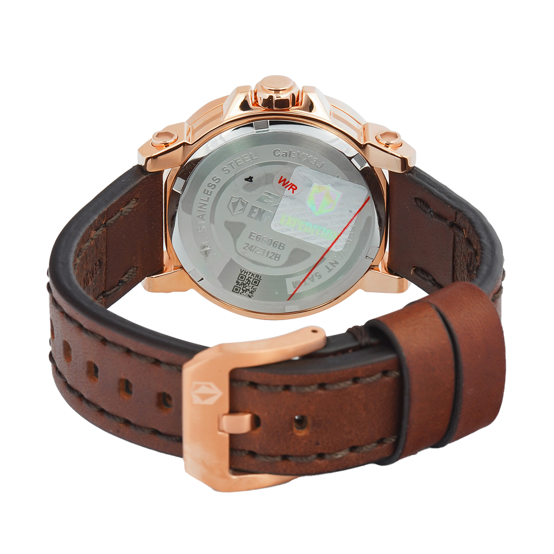 Jam Tangan S Expedition Chronograph E 6606 BFLRGSL Women Silver Dial Brown Leather Strap