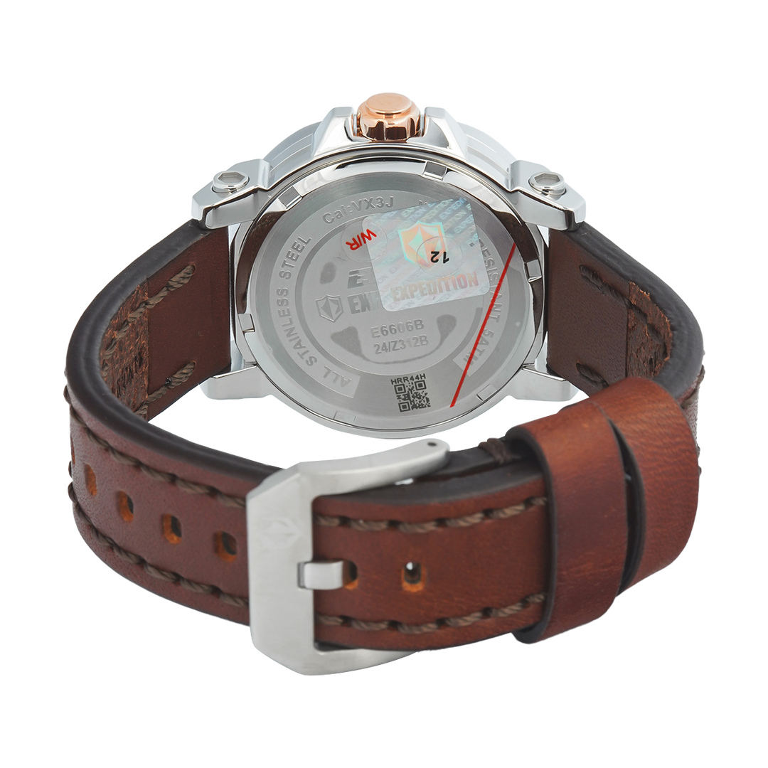 Jam Tangan S Expedition Chronograph E 6606 BFLSSRGSL Women Silver Dial Brown Leather Strap