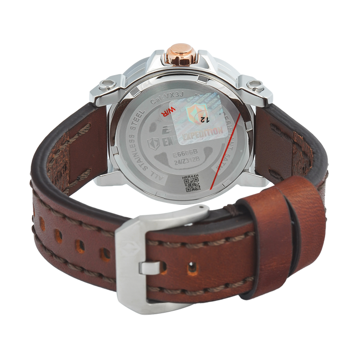 Jam Tangan S Expedition Chronograph E 6606 BFLSSRGSL Women Silver Dial Brown Leather Strap