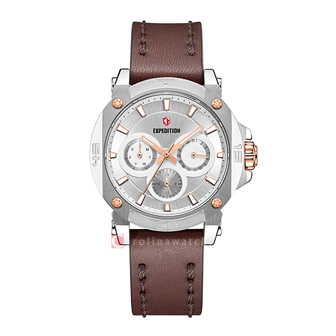 Jam Tangan S Expedition Chronograph E 6606 BFLSSRGSL Women Silver Dial Brown Leather Strap