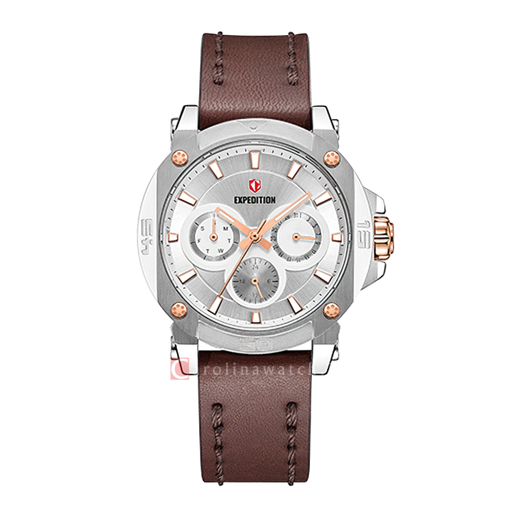 Jam Tangan S Expedition Chronograph E 6606 BFLSSRGSL Women Silver Dial Brown Leather Strap