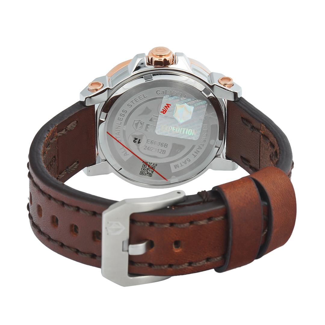 Jam Tangan S Expedition Chronograph E 6606 BFLTRSL Women Silver Dial Brown Leather Strap