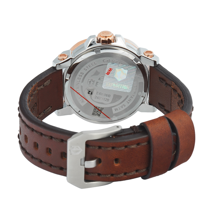 Jam Tangan S Expedition Chronograph E 6606 BFLTRSL Women Silver Dial Brown Leather Strap