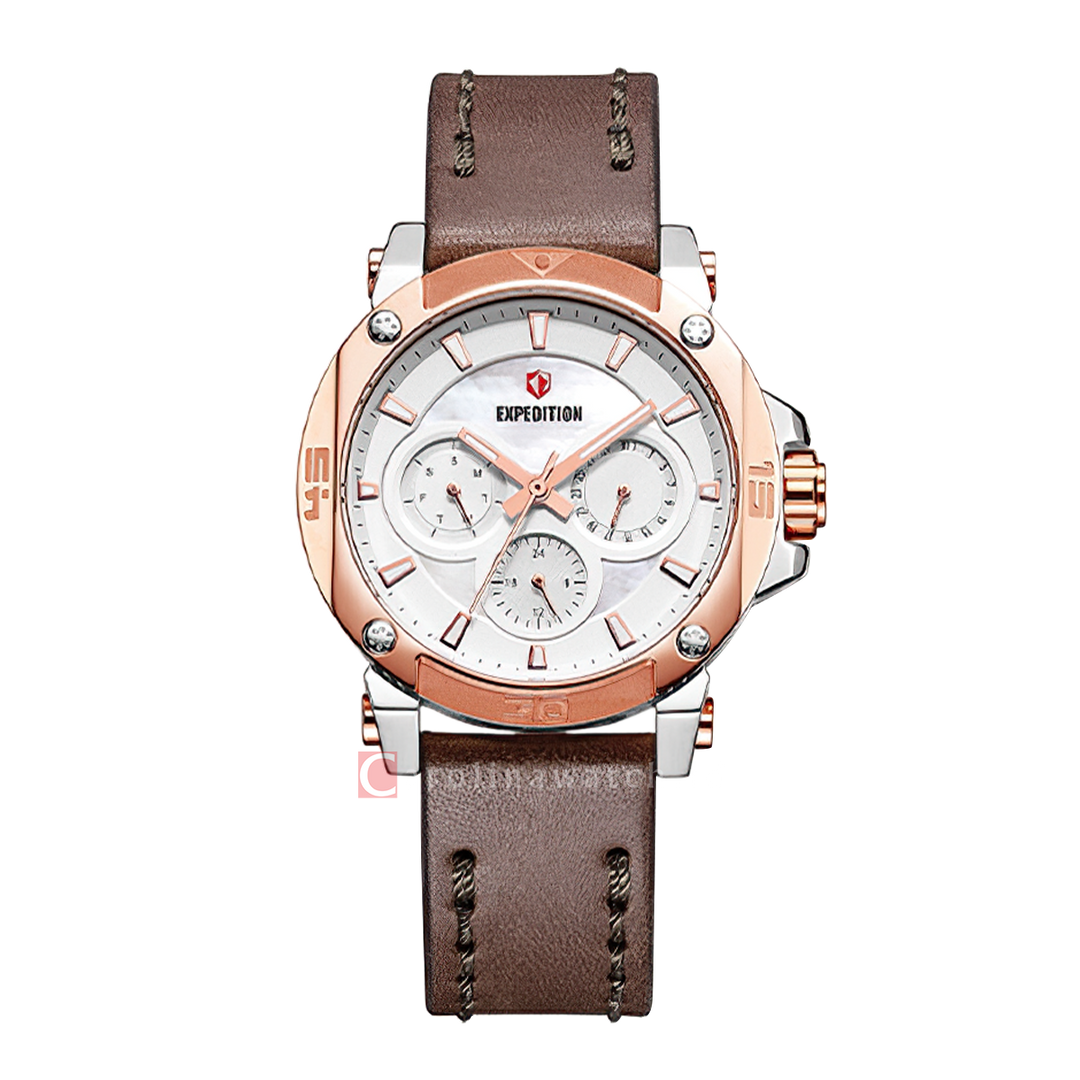 Jam Tangan S Expedition Chronograph E 6606 BFLTRSL Women Silver Dial Brown Leather Strap