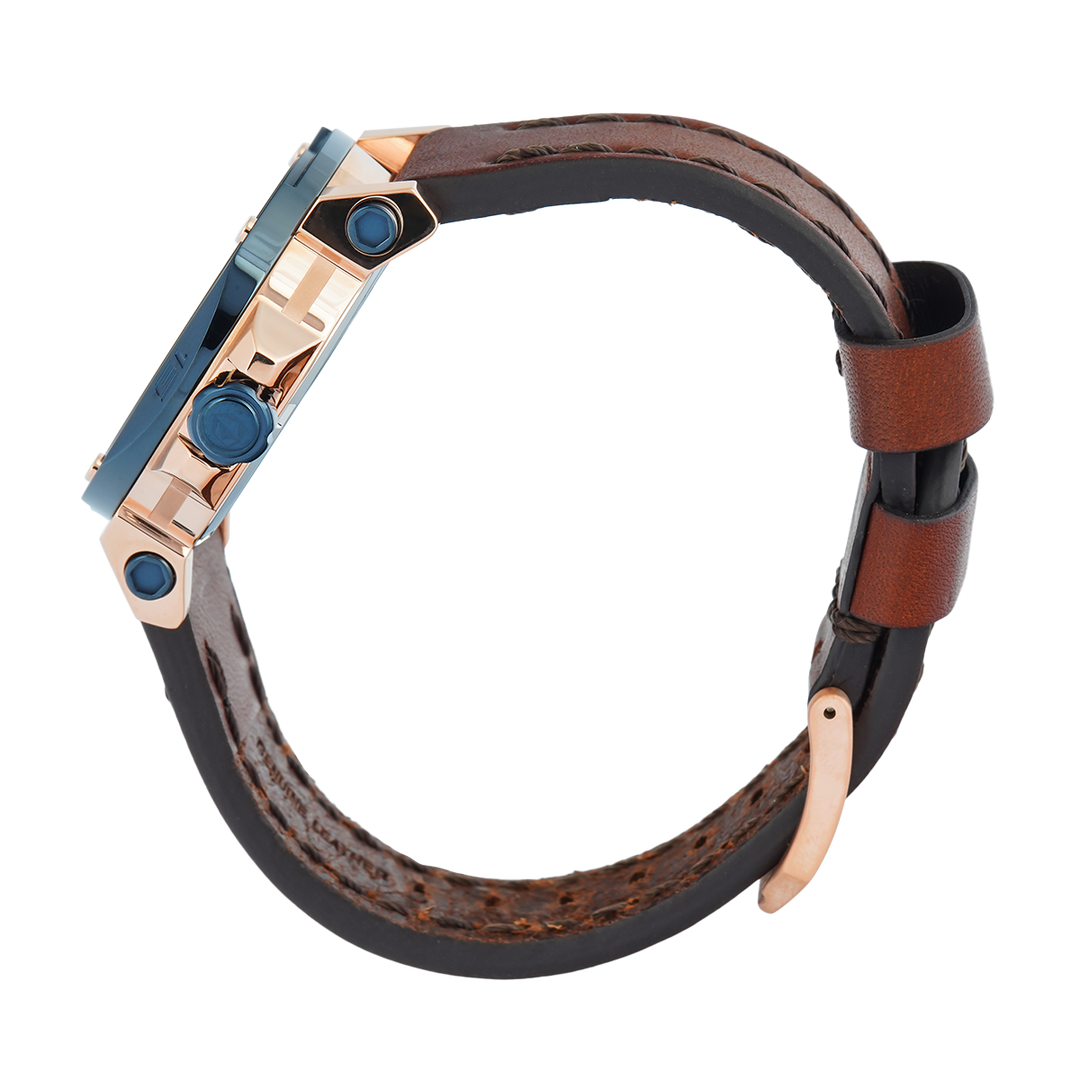 Jam Tangan S Expedition Chronograph E 6606 BFLURBU Women Blue Dial Brown Leather Strap