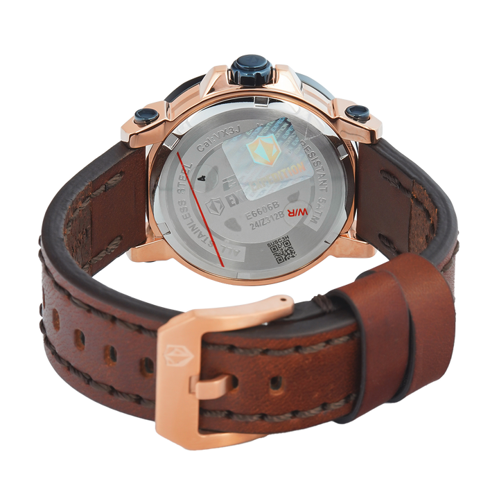 Jam Tangan S Expedition Chronograph E 6606 BFLURBU Women Blue Dial Brown Leather Strap