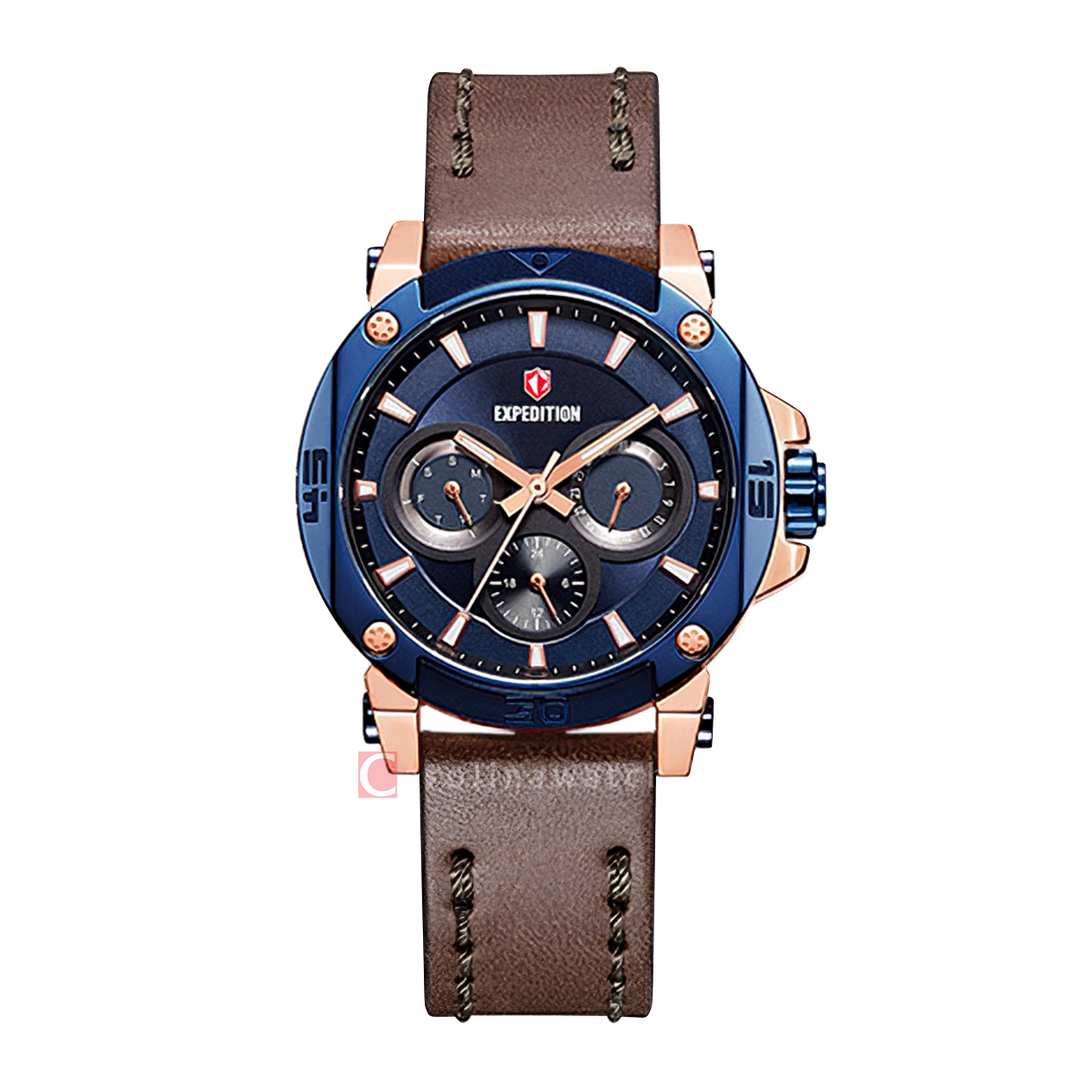 Jam Tangan S Expedition Chronograph E 6606 BFLURBU Women Blue Dial Brown Leather Strap