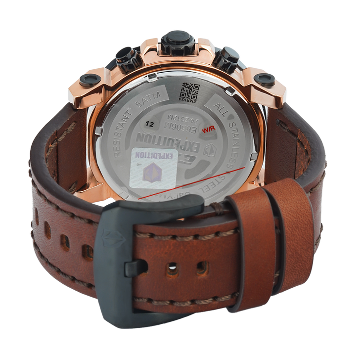 Jam Tangan S Expedition Chronograph E 6606 MCLBRBABO Men Black Dial Brown Leather Strap