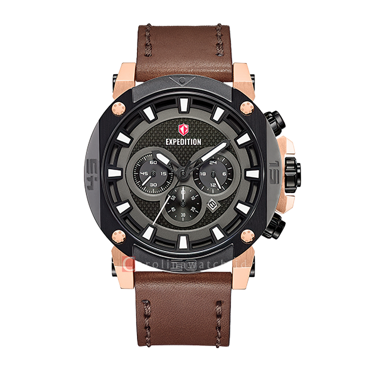 Jam Tangan S Expedition Chronograph E 6606 MCLBRBABO Men Black Dial Brown Leather Strap