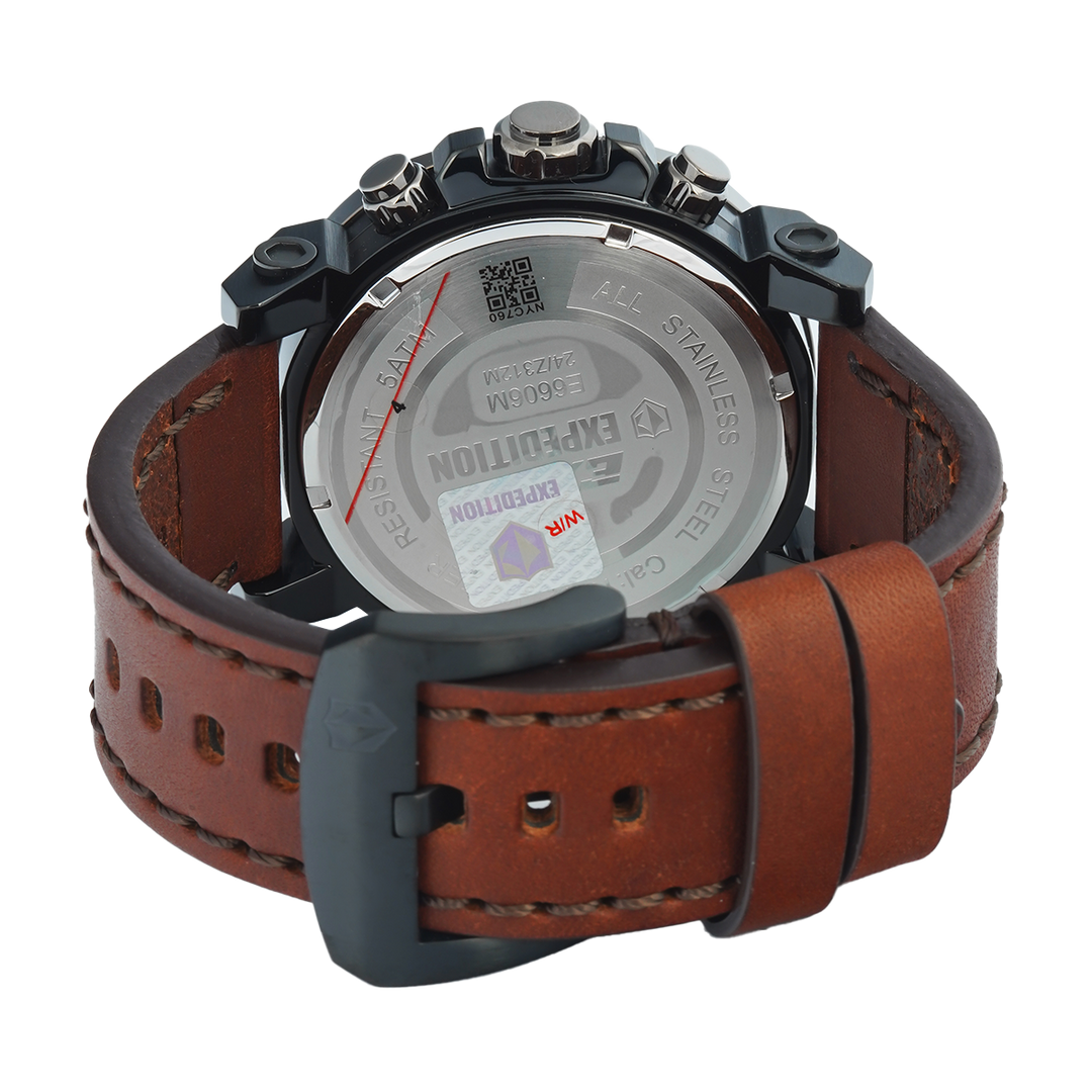 Jam Tangan S Expedition Chronograph E 6606 MCLEPBA Men Black Dial Brown Leather Strap