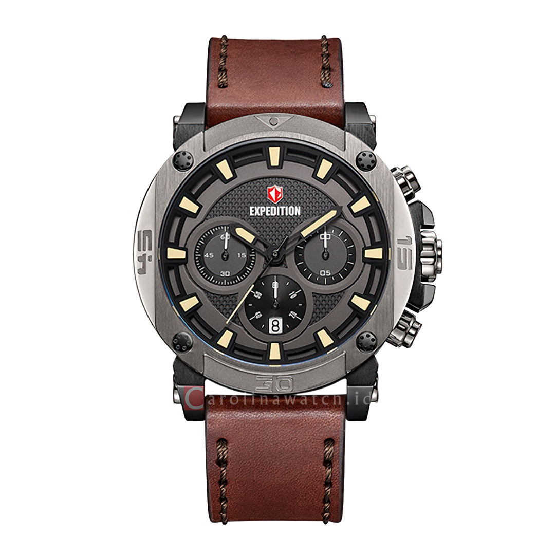 Jam Tangan S Expedition Chronograph E 6606 MCLEPBA Men Black Dial Brown Leather Strap