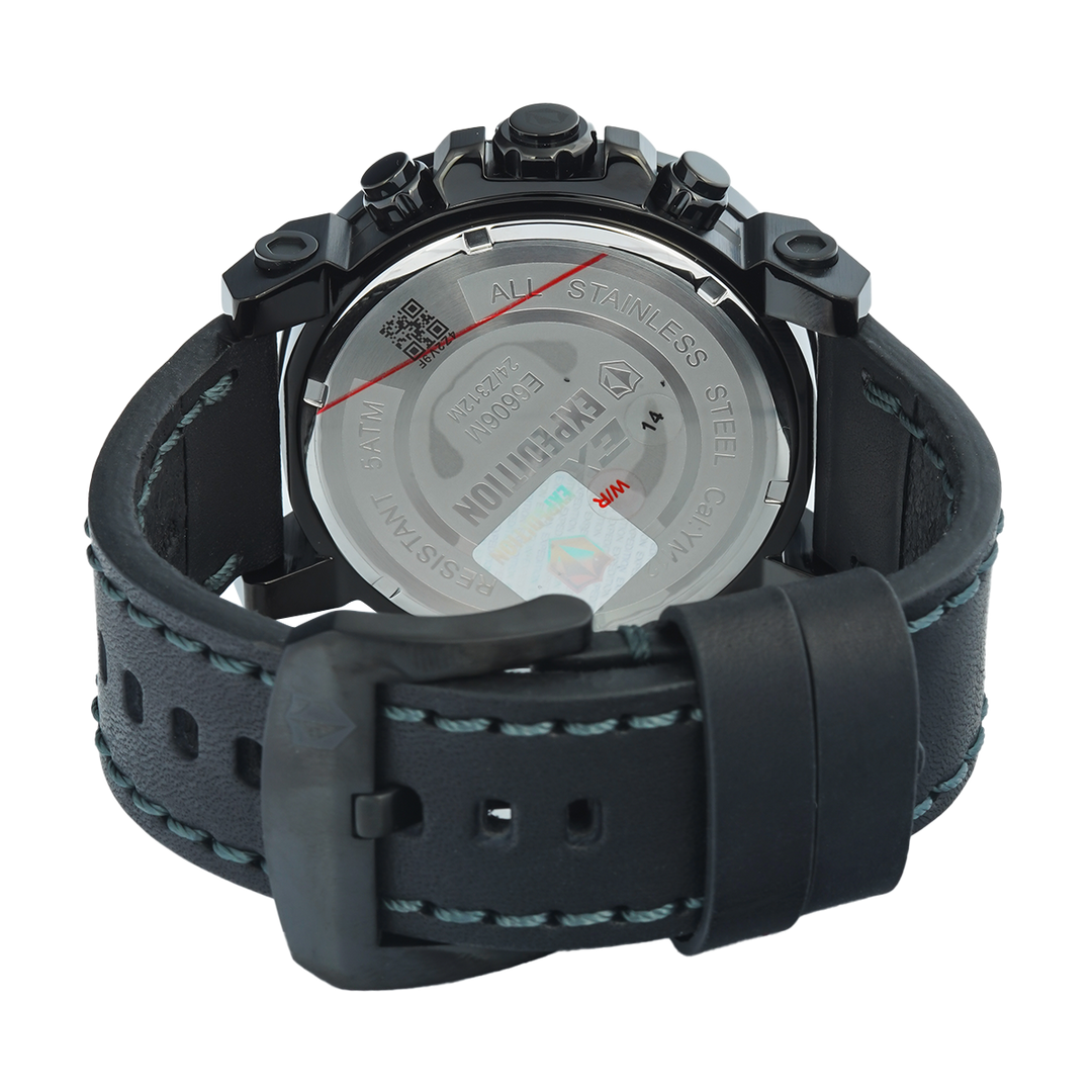 Jam Tangan S Expedition Chronograph E 6606 MCLIPBASL Men Black Dial Black Leather Strap