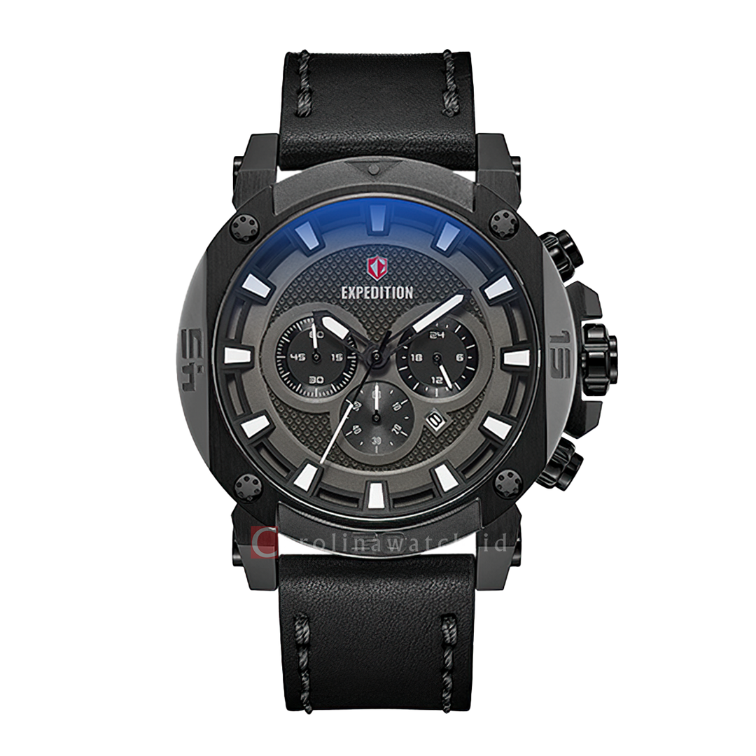 Jam Tangan S Expedition Chronograph E 6606 MCLIPBASL Men Black Dial Black Leather Strap