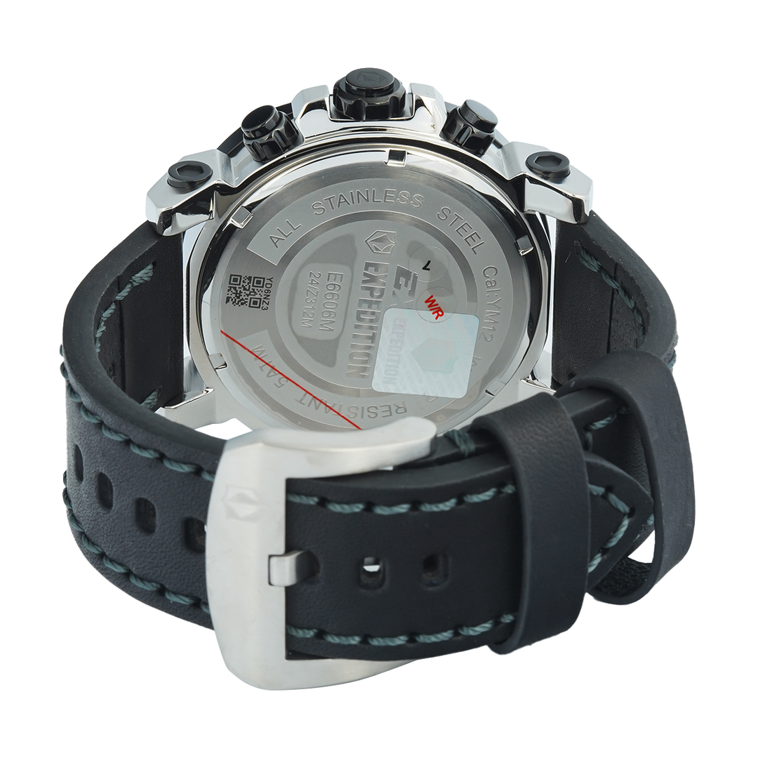 Jam Tangan S Expedition Chronograph E 6606 MCLTBBASL Men Black Dial Black Leather Strap