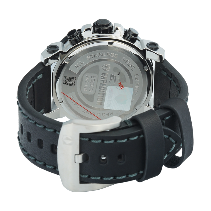 Jam Tangan S Expedition Chronograph E 6606 MCLTBBASL Men Black Dial Black Leather Strap