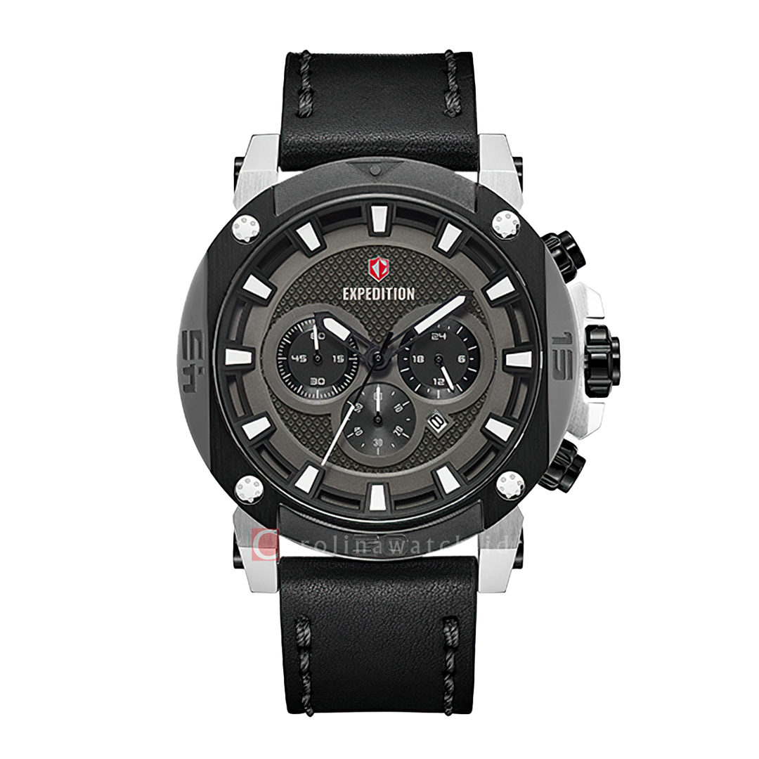 Jam Tangan S Expedition Chronograph E 6606 MCLTBBASL Men Black Dial Black Leather Strap