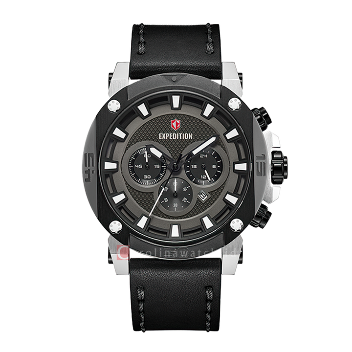 Jam Tangan S Expedition Chronograph E 6606 MCLTBBASL Men Black Dial Black Leather Strap