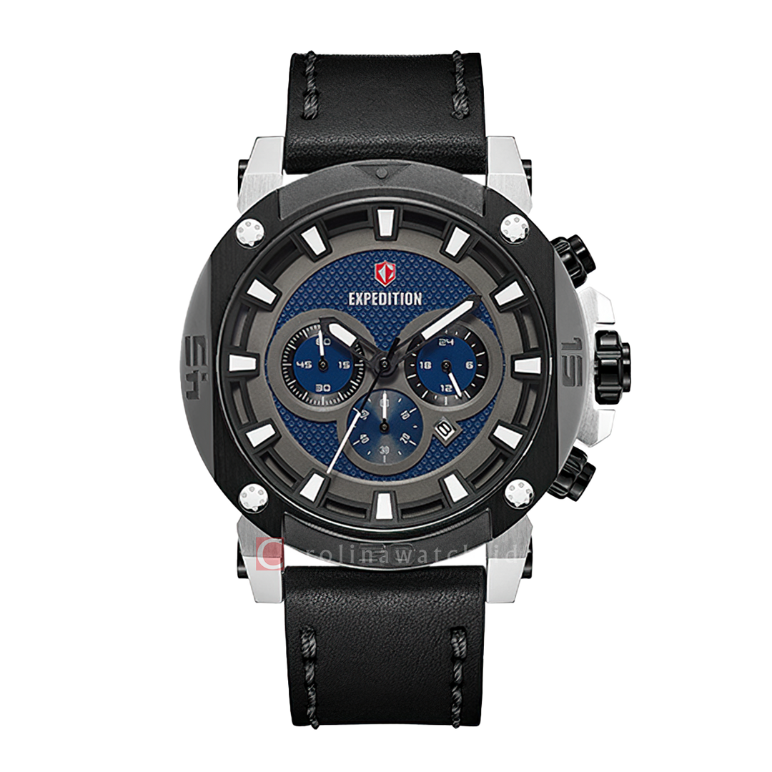 Jam Tangan S Expedition Chronograph E 6606 MCLTBBU Men Blue Dial Black Leather Strap