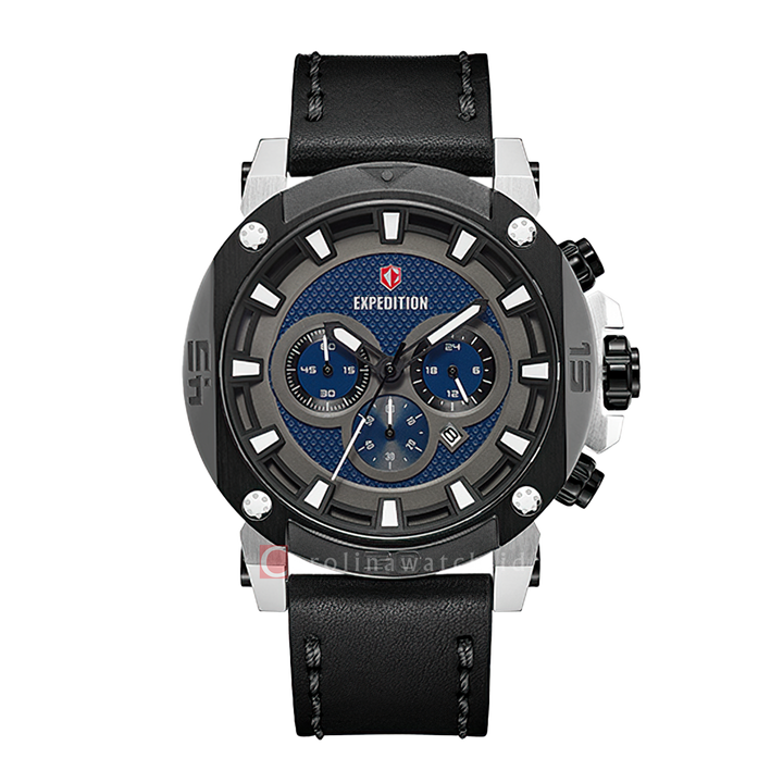Jam Tangan S Expedition Chronograph E 6606 MCLTBBU Men Blue Dial Black Leather Strap