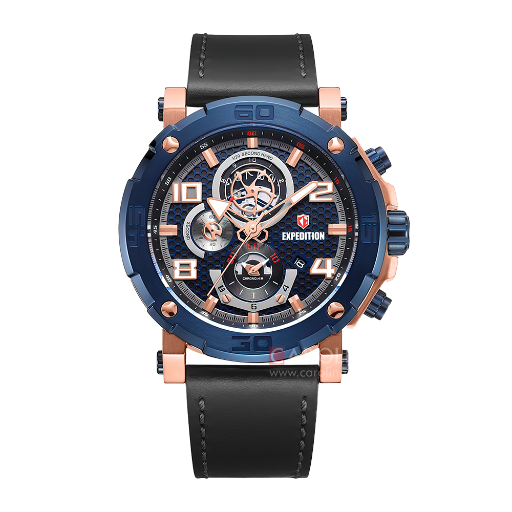 Jam Tangan Expedition Chronograph E 6769 MCLURBU Men Black Dial Black Leather Strap
