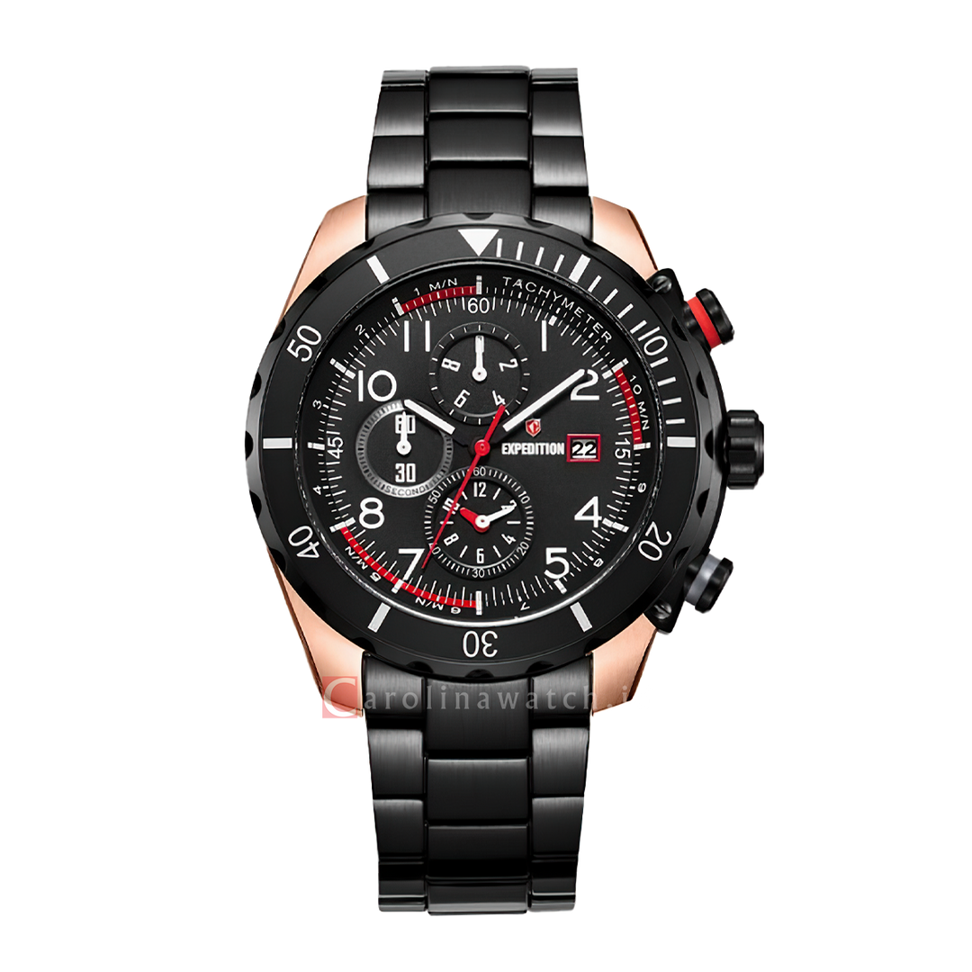 Jam Tangan Expedition E 6795 MCBBRBA Chronograph Men Black Dial Black Stainless Steel Strap