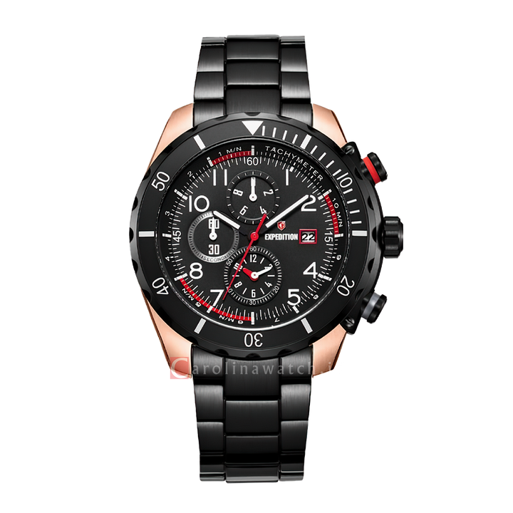 Jam Tangan Expedition E 6795 MCBBRBA Chronograph Men Black Dial Black Stainless Steel Strap