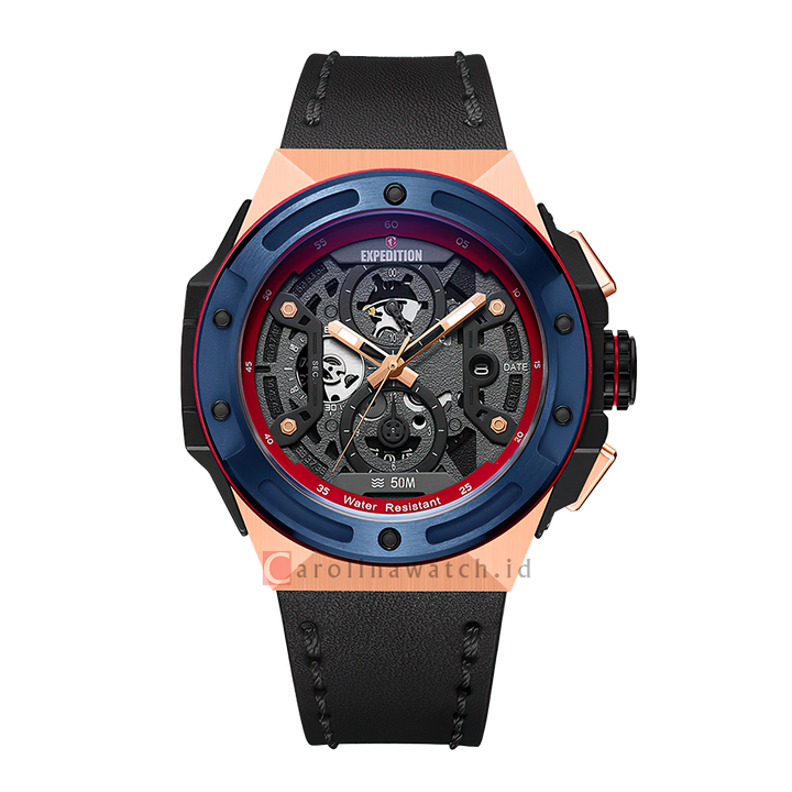 Jam Tangan Expedition Chronograph E 6818 MCLURBARE Men Black Dial Black Leather Strap