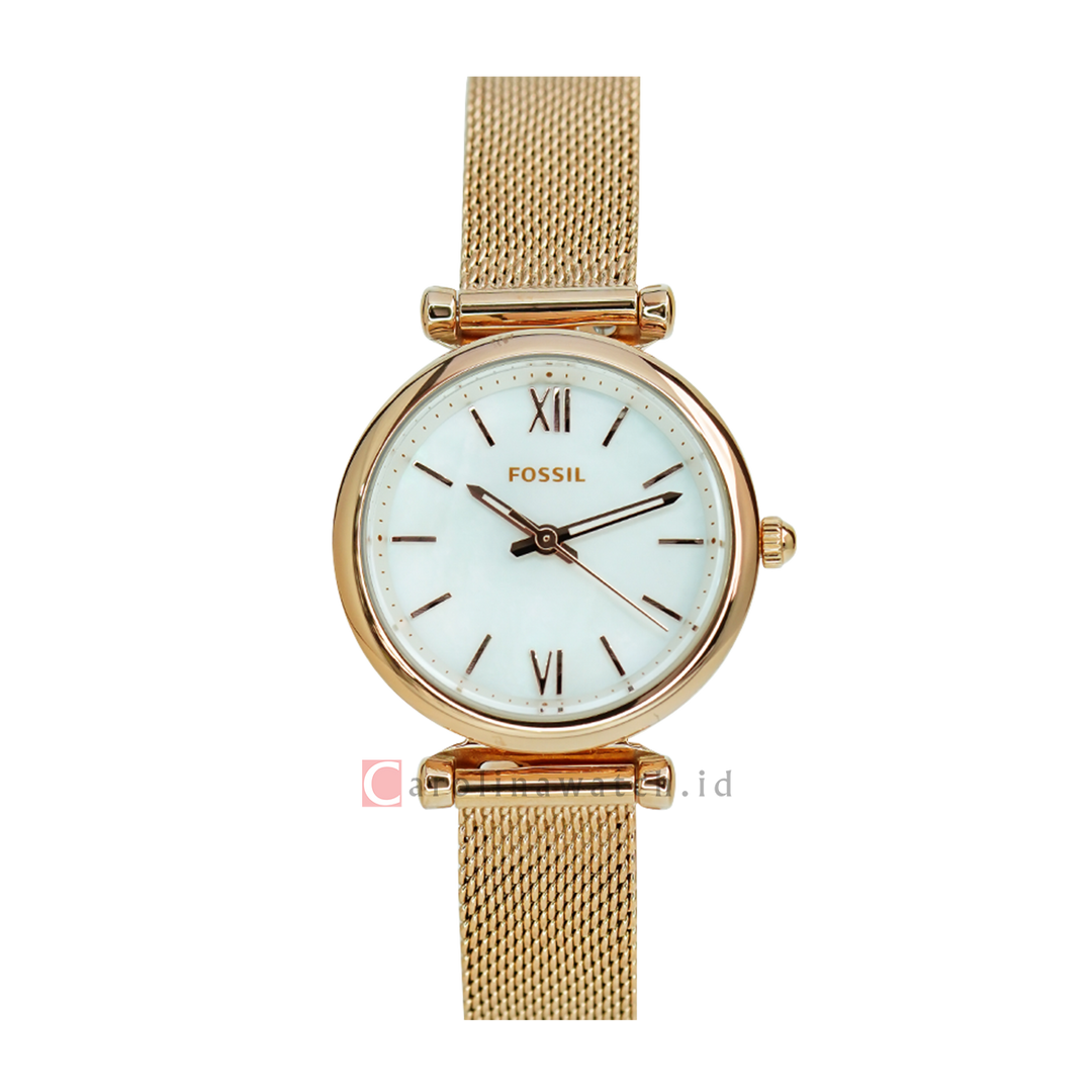 Jam Tangan Fossil Carlie Mini ES4433 Women White Mother of Pearl Dial Rose Gold Stainless Steel Strap