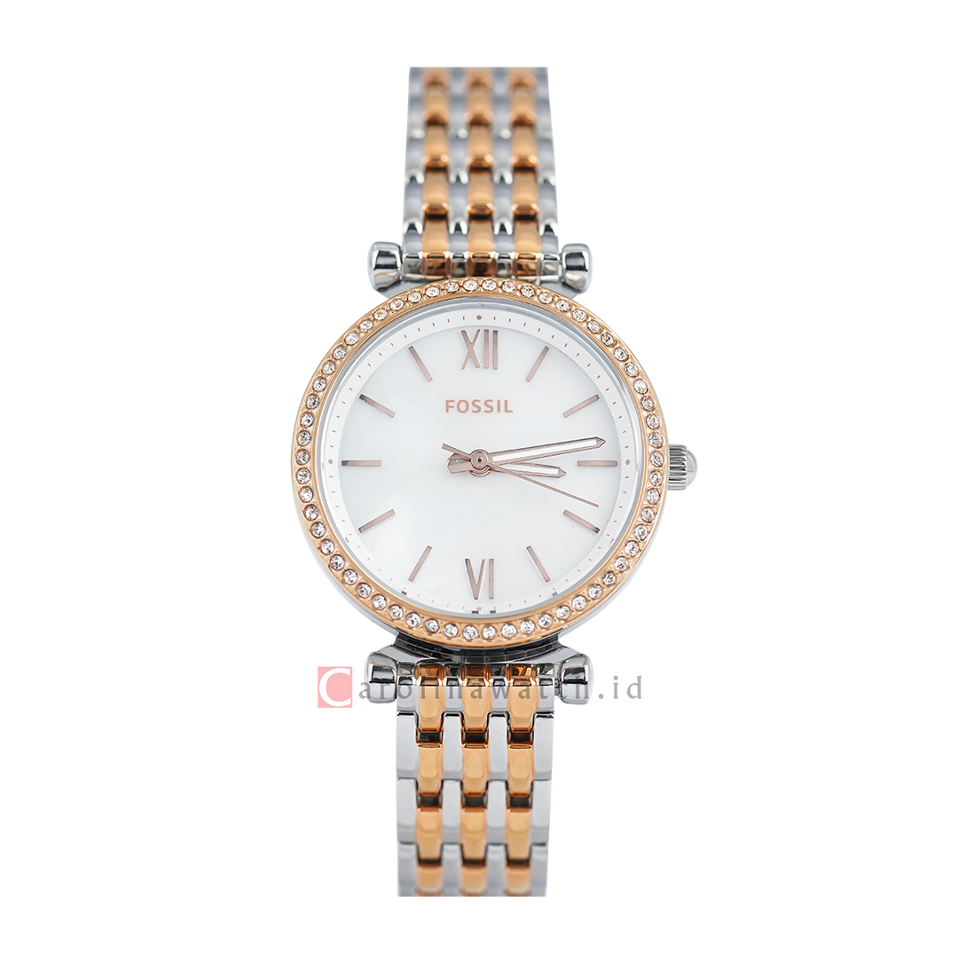 Jam Tangan Fossil Carlie Mini ES4649 Women White Mother of Pearl Dial Dual Tone Stainless Steel Strap