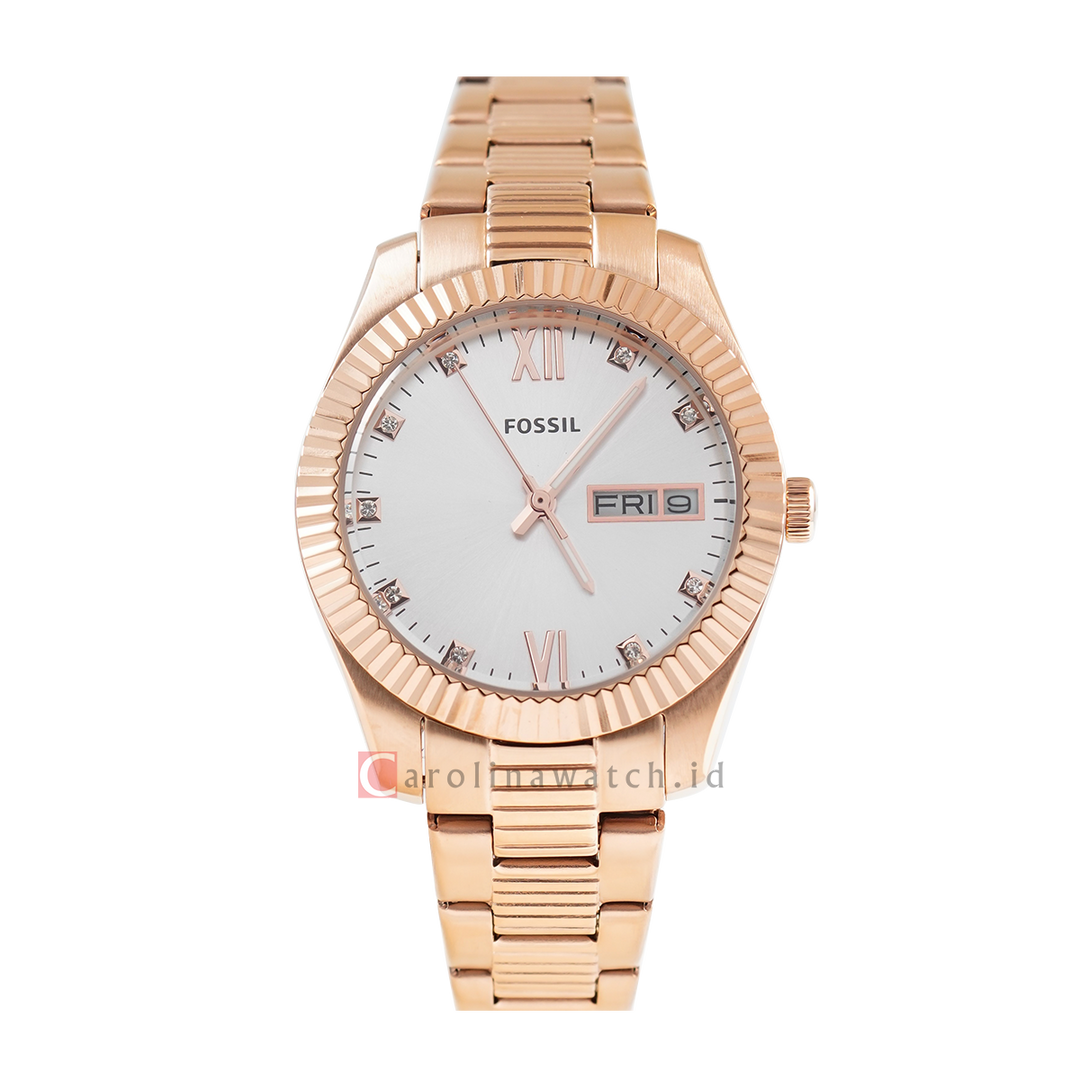 Jam Tangan Fossil Scarlette ES5200 Women Silver Dial Rose Gold Stainless Steel Strap