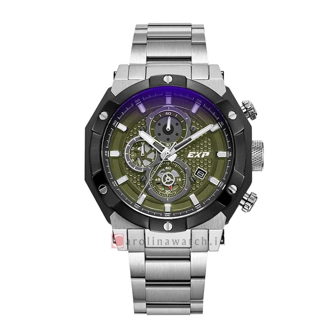Jam Tangan Expedition EXP Sport EX 6385 BCBTBGN Men Chronograph Olive Green Dial Stainless Steel Strap